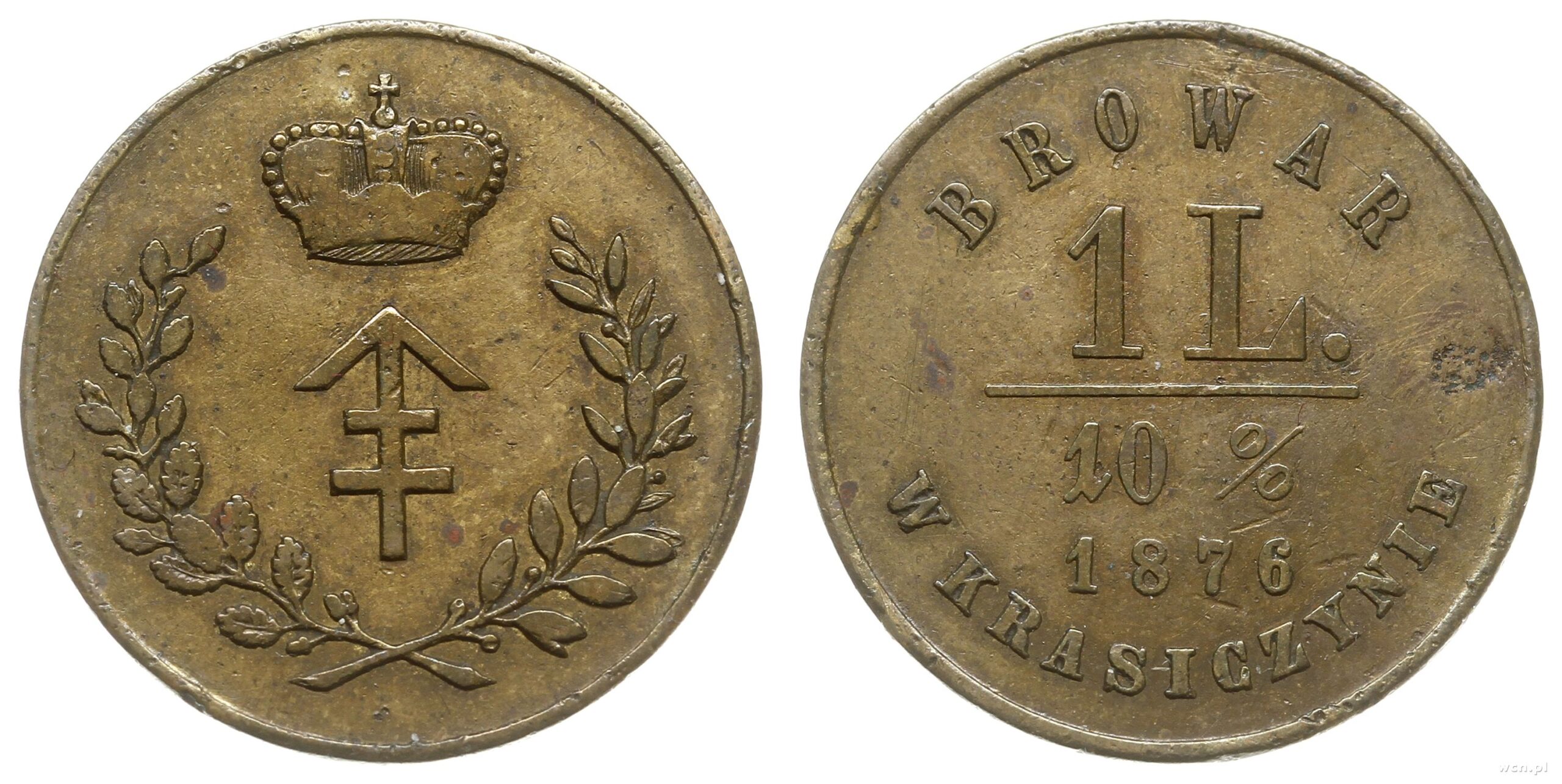 Moneta zastępcza na 1 l piwa, Galicja, Krasiczyn 1876